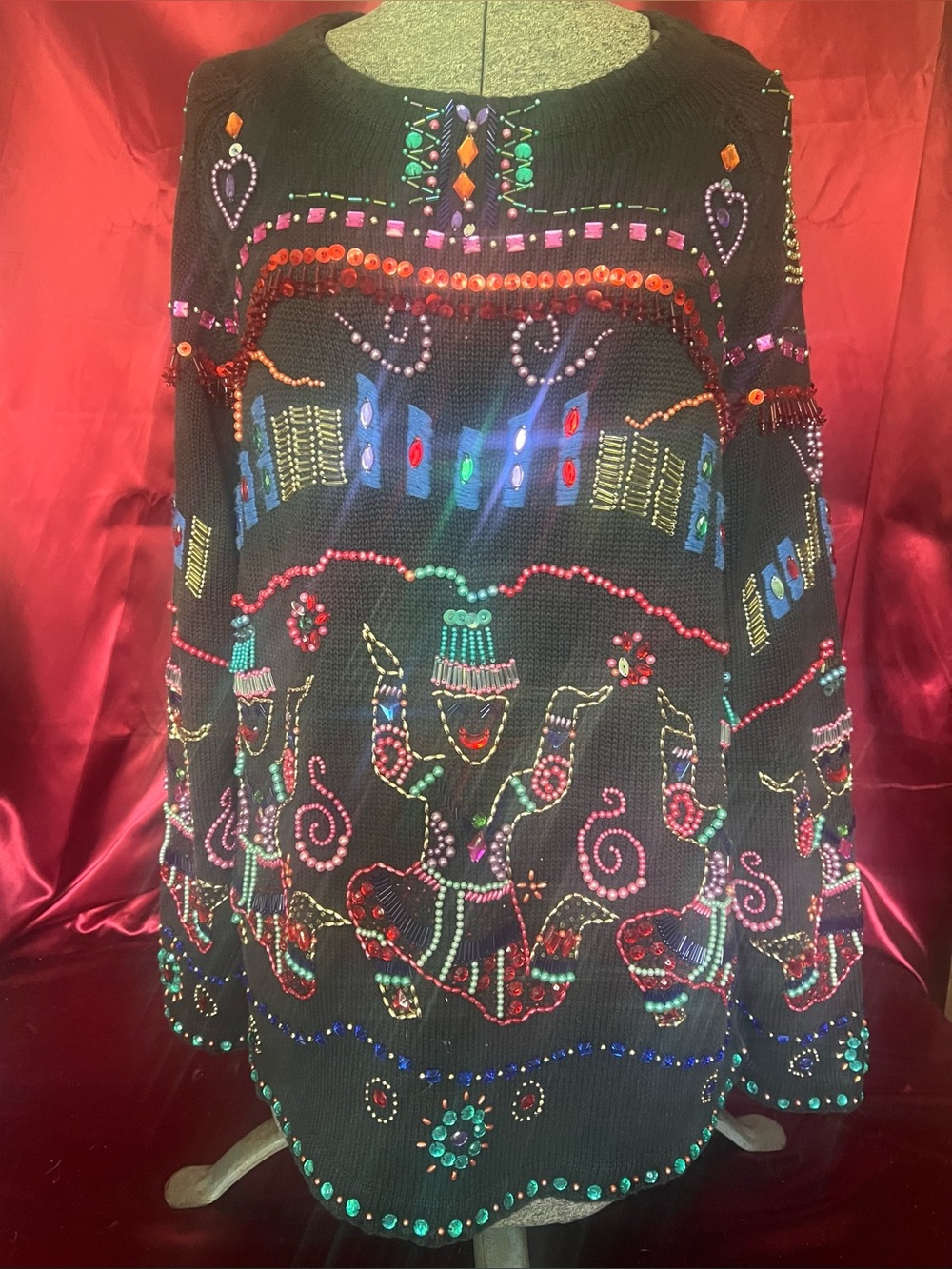 Michael Simon Black Embellished Sweater with Multicolored Gem Accents